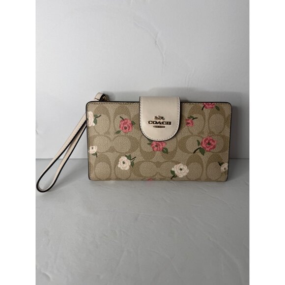 Coach Phone Tech Floral Wallet CR967 Signature Canvas Leather NWT Khaki - Picture 1 of 5